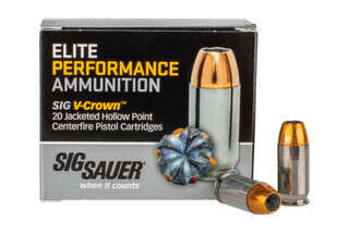 The Sig V-Crown .45 ACP jacketed Hollow Point ammo features a 200 grain bullet